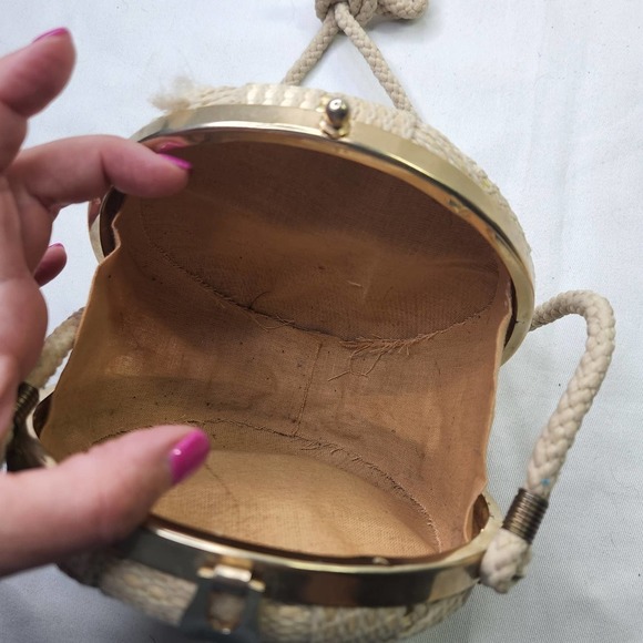 Vintage Italian Round Shoulder Bag Woven Rope Design Hinged - Picture 6 of 8